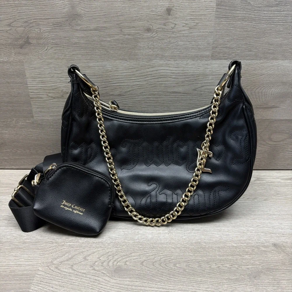 Juicy Couture Quilted Black Puff Half Moon Crossbody Bag‎ W/ Change Purse